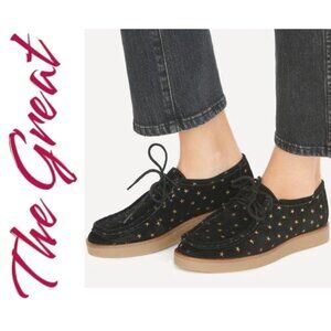 NWB THE GREAT Scout Black & Gold Suede Star Print Lace Up Loafer, Size 7